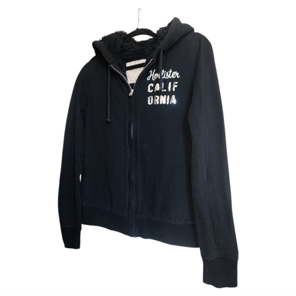 Vintage Y2K Hollister Sherpa Lined Zip Hoodie L Black Sequin CaliBling Cozycore